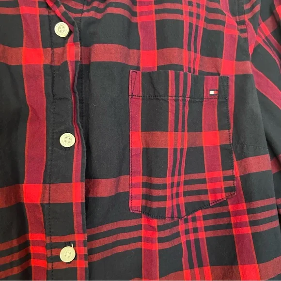 TOMMY HILFIGER ROLL-TAB PLAID UTILITY SHIRT Red/Blue Women’s Size Large - Picture 5 of 6